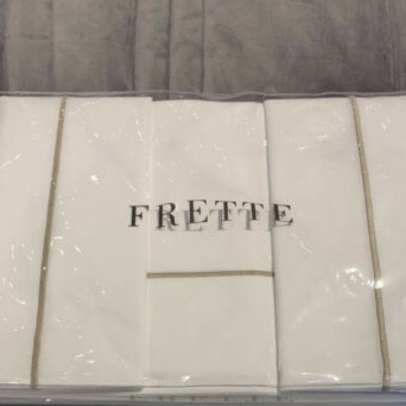 FRETTE ONE BOURDON CAL KING 4 PIECE SHEET SET PERCALE WHITE/KHAKI. - Picture 3 of 4